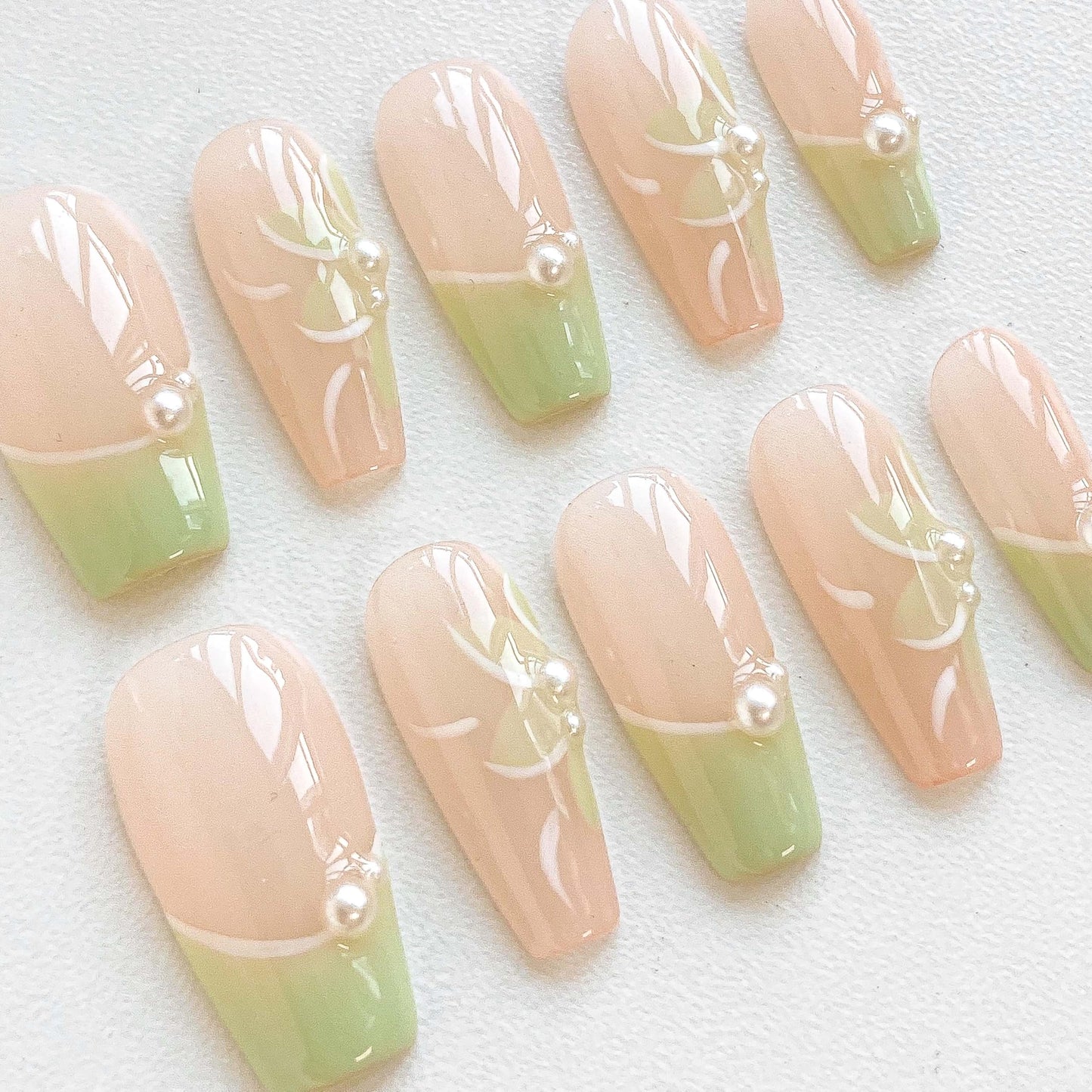 GLORS Long Ballerina Press On Nails, Pearl-Decorated Pink and Green French Tips, Handmade False Nail 10 Pieces (Small,LB)