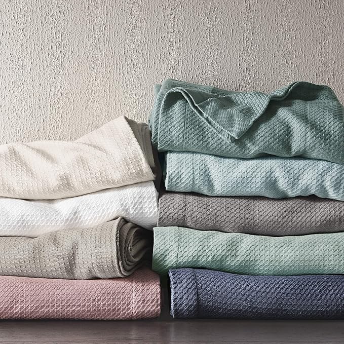 Madison Park Soft Certified 100% Egyptian Cotton Breathable Cozy Blanket, Premium Waffle Knit Classic Design, Luxury All Season Lightweight Cover for Bed, Couch and Sofa, Seafoam Twin(66"x90")