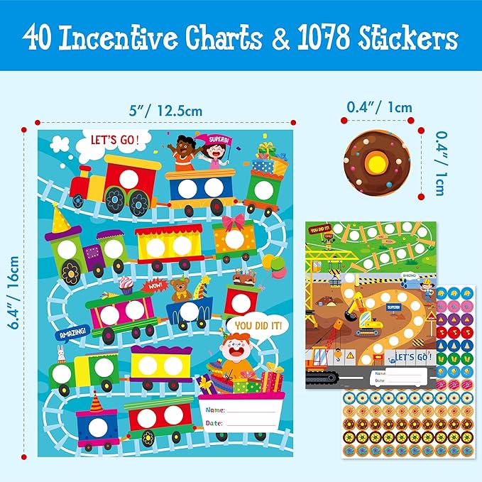 40 Pack Incentive Chart, 2 Adorable Designs with 1078 Stickers, Classroom Family Reward Chart System for Kids Homework Assignments, Attendance, Good Behavior, Chores, Potty Training Progress