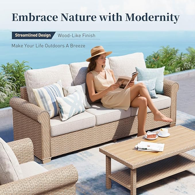 Patio Furniture Set 4 pcs, Wicker Rattan Sofa with 5.5” Thick Waterproof Cushions, 2 Chairs and Coffee Table, All Weather Outdoor Conversation Set for Backyard Deck, 5 Seats Beige