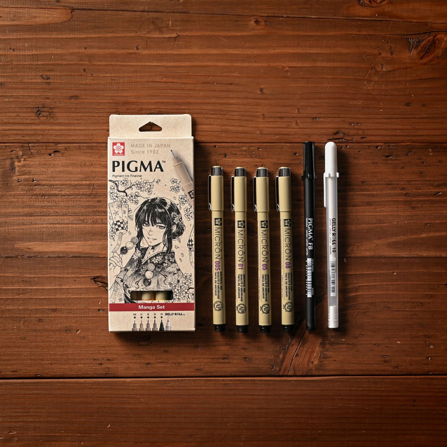 SAKURA Pigma Micron - Pigment Fineliner Pens - 005/01/05/08/GellyRoll 0.5mm/Fine Brush - Paper Case of 6 - Black Ink
