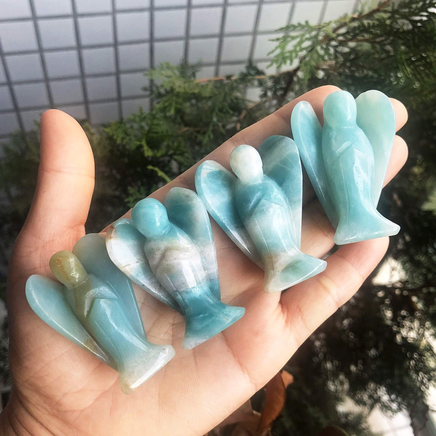 favoramulet 2 Inches Amazonite Crystal Pray Guardian Angel Statue, Carved Healing Peace Angel with Wing Figurine Pocket Stone