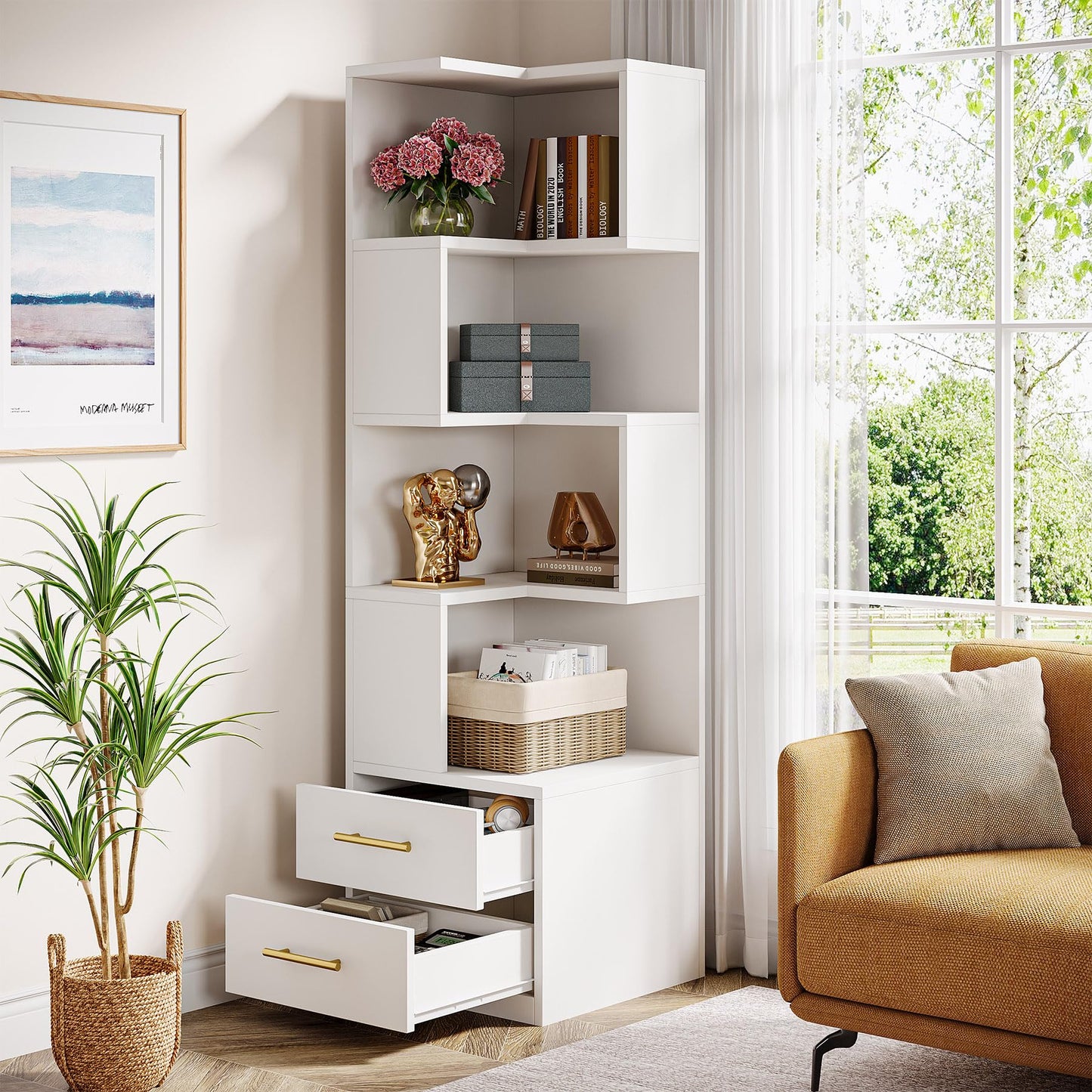 Tribesigns 5-Tier Corner Bookshelf with 2 Drawers, 66.9-Inch Tall Corner Bookcase Shelf, Modern Simple Corner Storage Cabinet Display Rack Shelf for Living Room, Home Office (White)