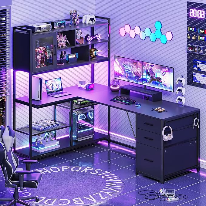 SEDETA L Shaped Computer Desk, 58'' Office Desk with 3 Drawers and Bookshelf, L Shaped Corner Desk with Storage Shelves and LED Light for Home Office, Gaming Desk, L Desk, Black