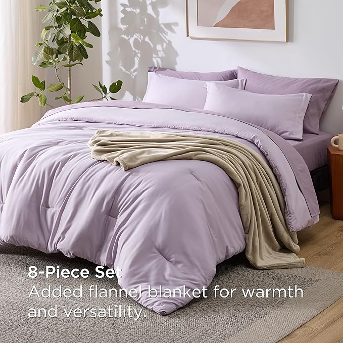 Bedsure Queen Comforter Set Grayish Purple, 8 Pieces Prewashed Queen Size Bed in a Bag with Soft Fleece Bed Blanket, Down Alternative Bedding Set for All Seasons, Sheets, Pillowcases & Shams