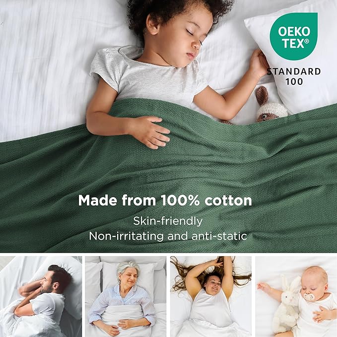 Bedsure 100% Cotton Blanket King Size for Bed - Breathable and Lightweight, Soft Cozy Textured Herringbone Woven Blanket for Summer Spring, Dark Green, 108x90 inches