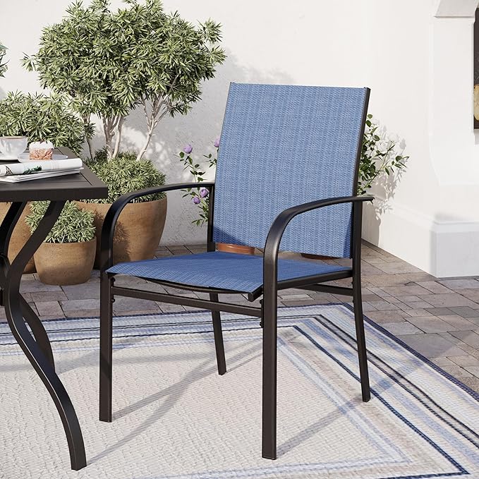 5 Piece Patio Dining Set for 4, 42" x 42" Round Metal Table with Umbrella Hole and 4 Blue Chairs, Outdoor Table and Chairs Set for Lawn Backyard and Deck