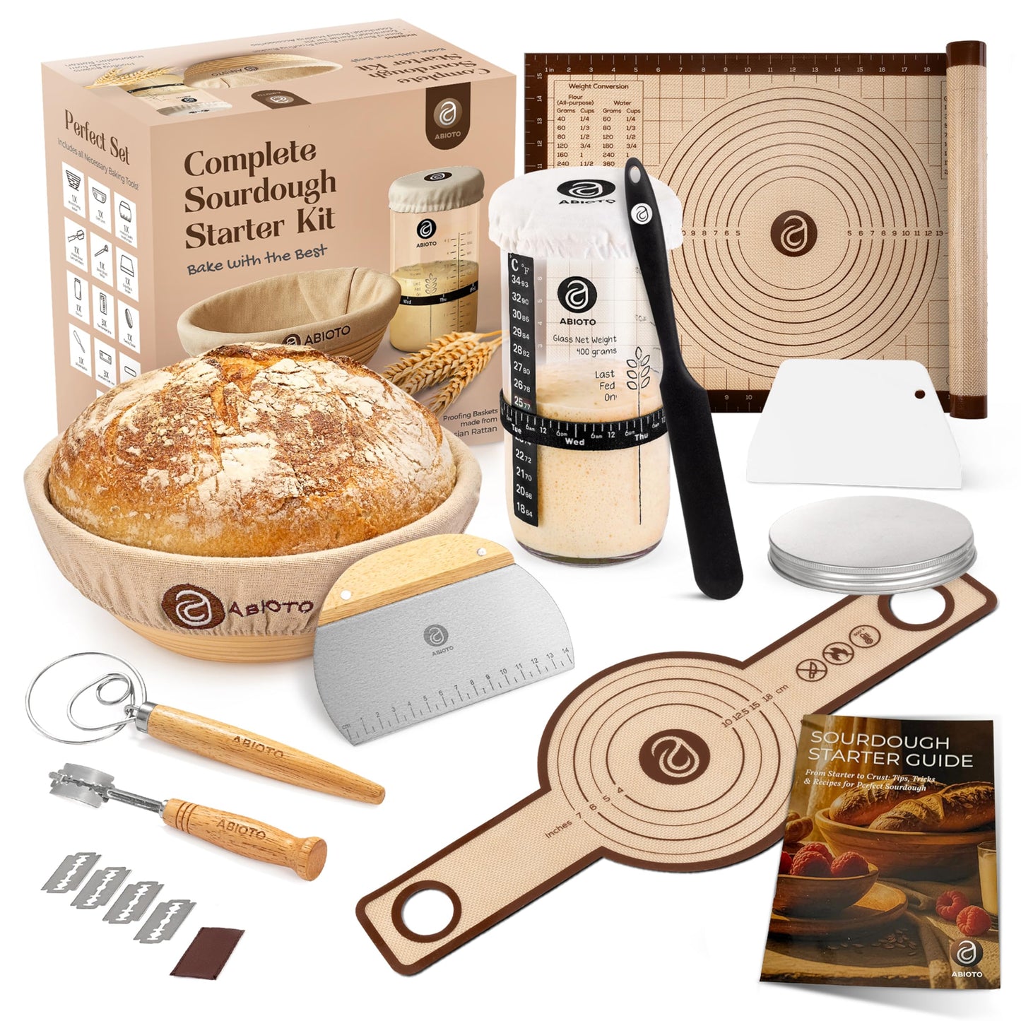 Sourdough Starter Kit with 9" Round Banneton Proofing Basket and 24oz Starter Jar - Beginner-Friendly Sourdough Bread Baking Supplies and Baking Gifts for Women, Men, and Bread Bakers