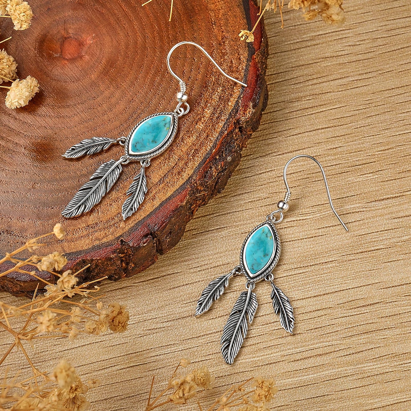 AVECON Turquoise Feather Dangle Earrings for Women 925 Sterling Silver Earring Vintage Turquoise Jewelry with Feather Boho Leaf statement Earrings Trendy Hook Earrings Western Jewelry for Her
