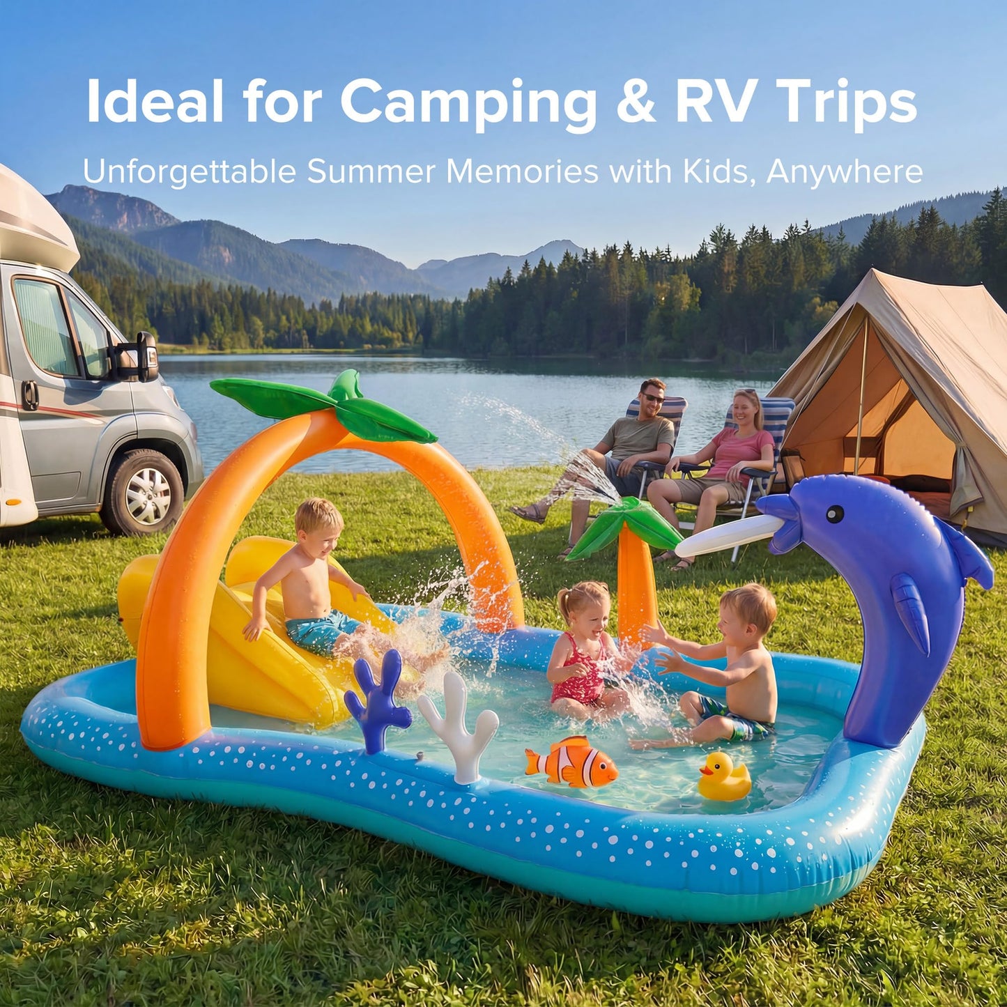 Kiddie Pool with Slide & Palm Tree Sprinkler – 95"x75"x40" Inflatable Water Play Center for Toddlers Ages 2+, Durable PVC Wading Pool for Backyard Summer Fun (Blue & Orange)