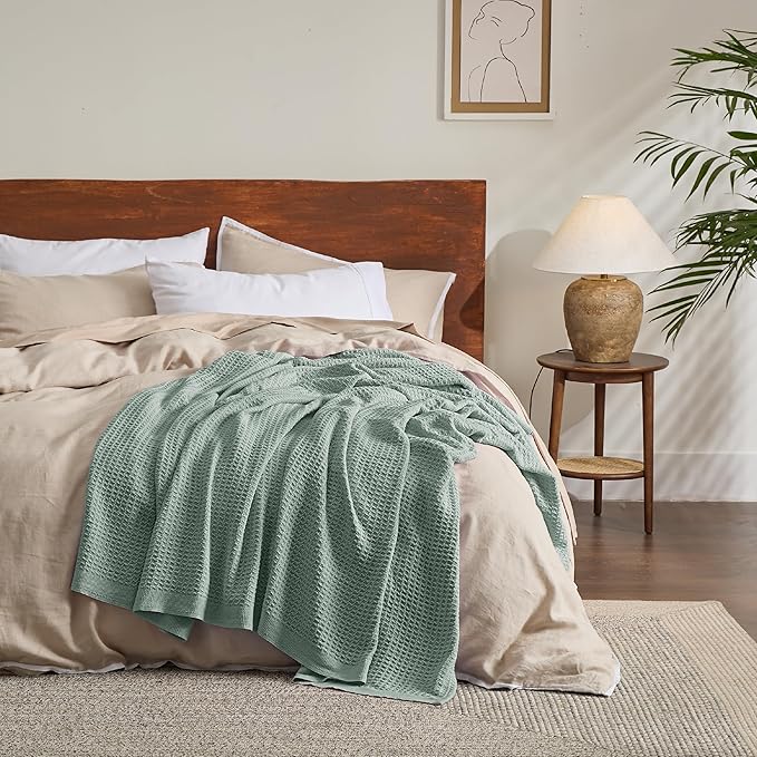 Bedsure 100% Cotton Blanket King Size for Bed - Breathable and Soft, Waffle Weave Blanket for Summer Spring, Sage Green, 104x90 inches