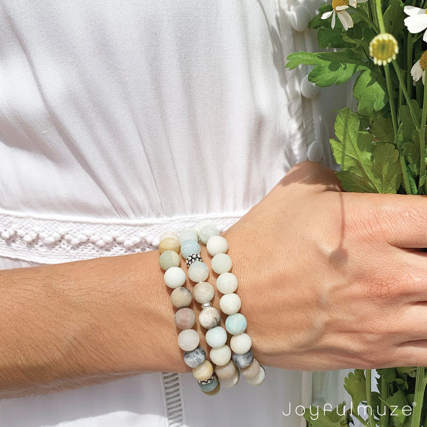Joyfulmuze Matte Amazonite Natural Gemstone, 925 Sterling Silver, Healing Stone, Hope and Truth Bracelet, Birthday Jewelry Gift for Women, 7" (Amazonite-Silver-8mm)