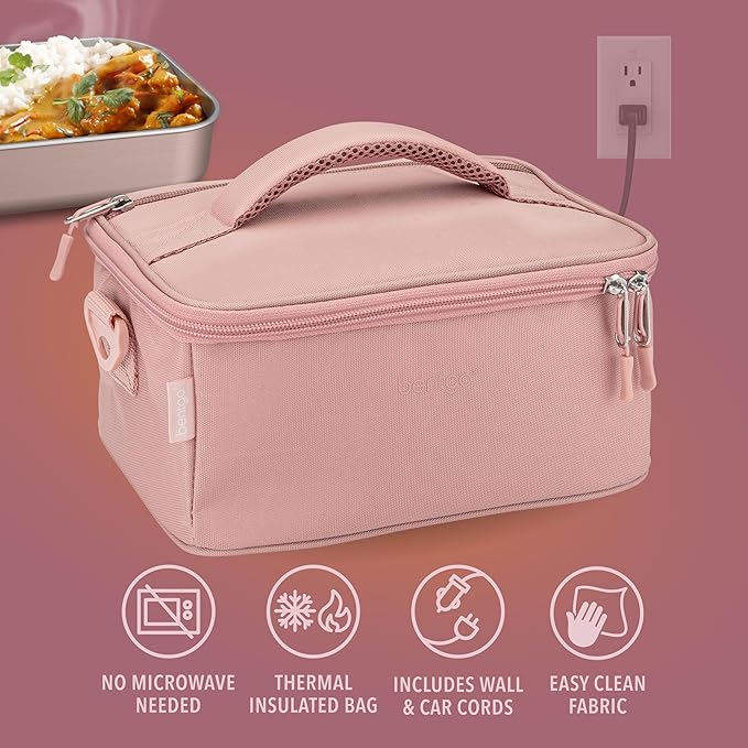 Bentgo Heat - Electric Lunch Bag & Food Warmer for Reheating Meals in Car, at Work & More - Heated Lunch Box Warmer for Adults, Students & Shift Workers, 12V/24V Auto & 120V Wall Cords (Blush)