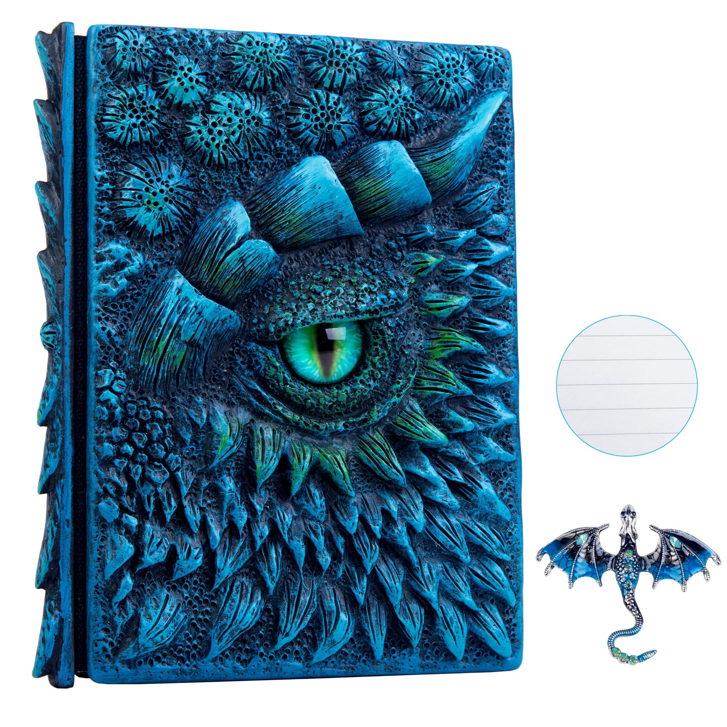 3D Dragon Eye Embossed Journal,Resin Engraving Notebook,Dnd notebook for Dragon Lovers ，Blank Paper,Hardcover Travel Notepad for Writing,Sketchbook,Collection,Gift,Decoration A4 and A5 Size (A5-Blue-Lined-Brooch)