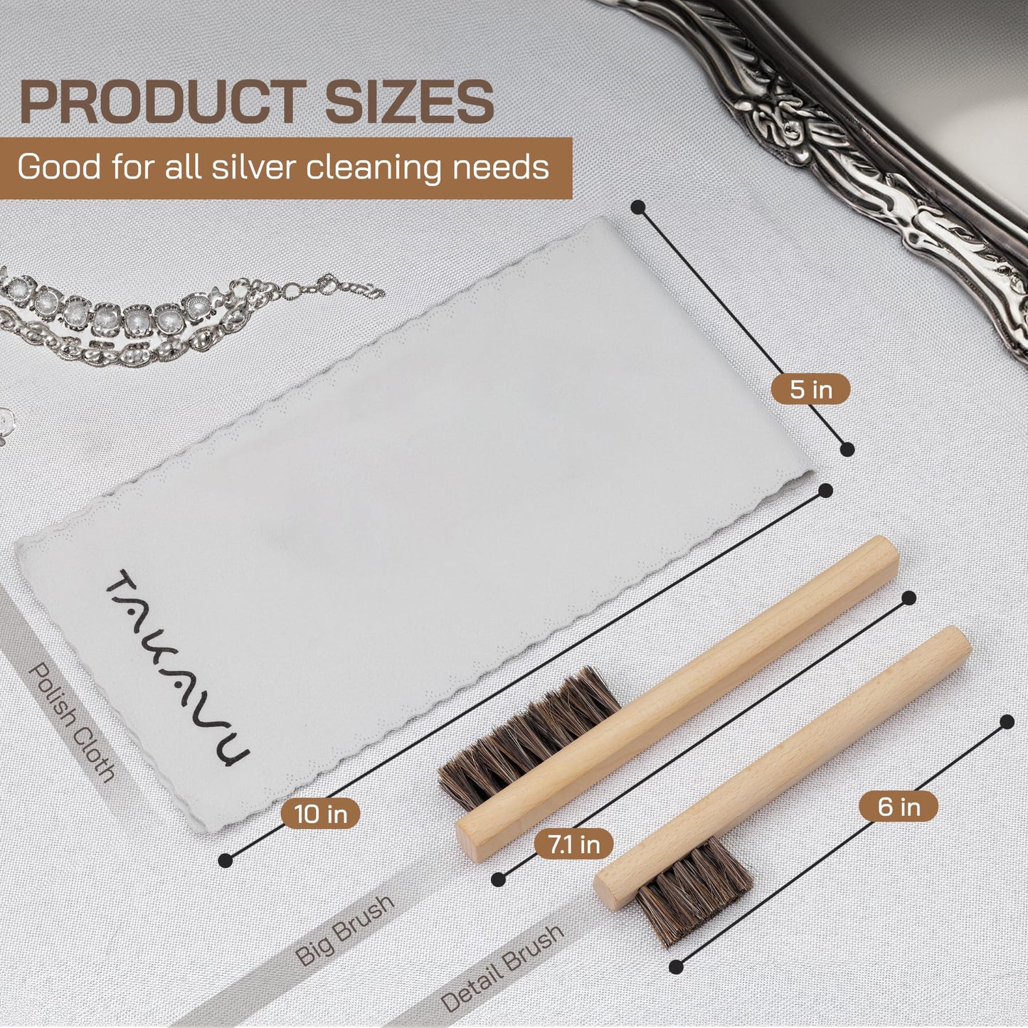 Horsehair Detail Brush Set 2pcs Silver Cleaning Brushes & Polish Cloth Perfect for Detailing, Polish Work, Fine and Heirloom Silverware Plateware Jewelry, Ultimate Solution for a Gleaming Finish