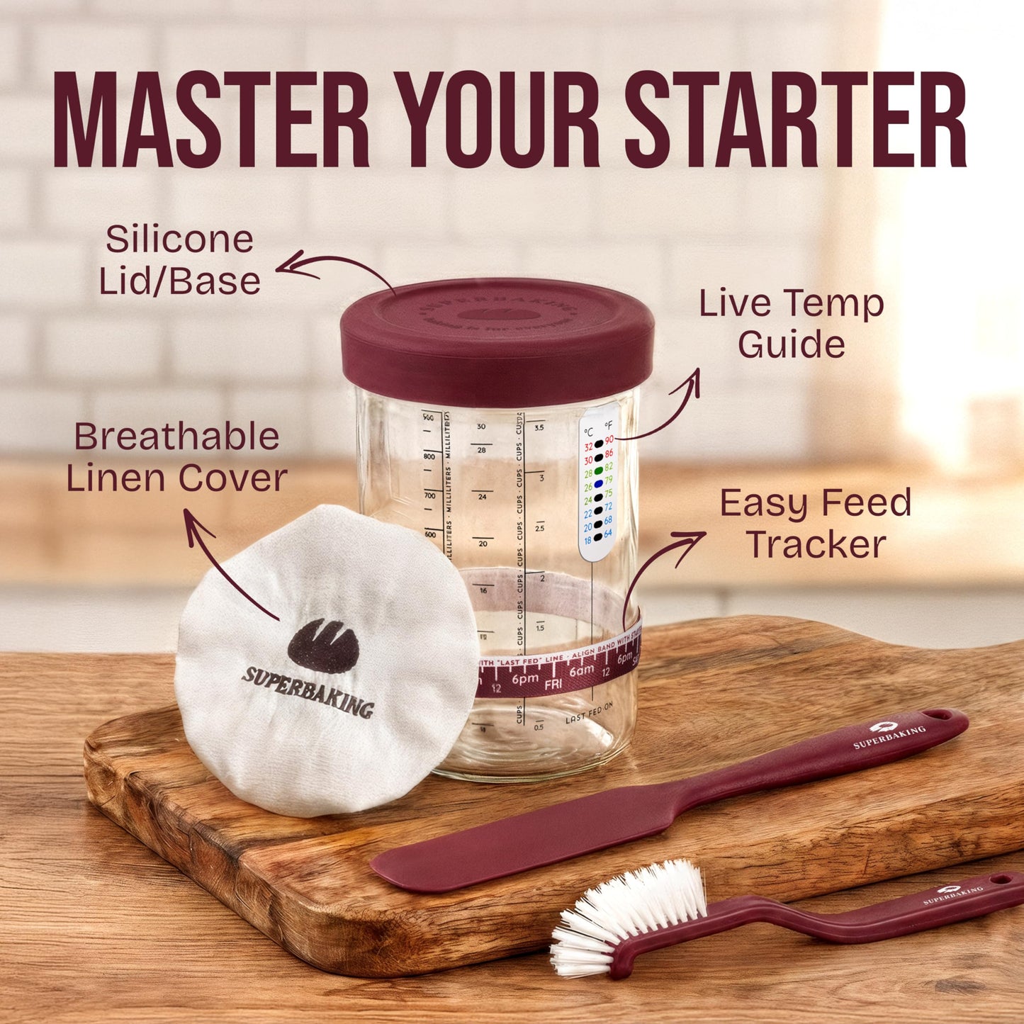 Superbaking Sourdough Starter Kit, 9" Splinter-Free Banneton Bread Proofing Basket Set with Non-Stick Silicone Dough Sling & Glass Starter Jar Kit, Sourdough Bread Baking Supplies, Sourdough Tools