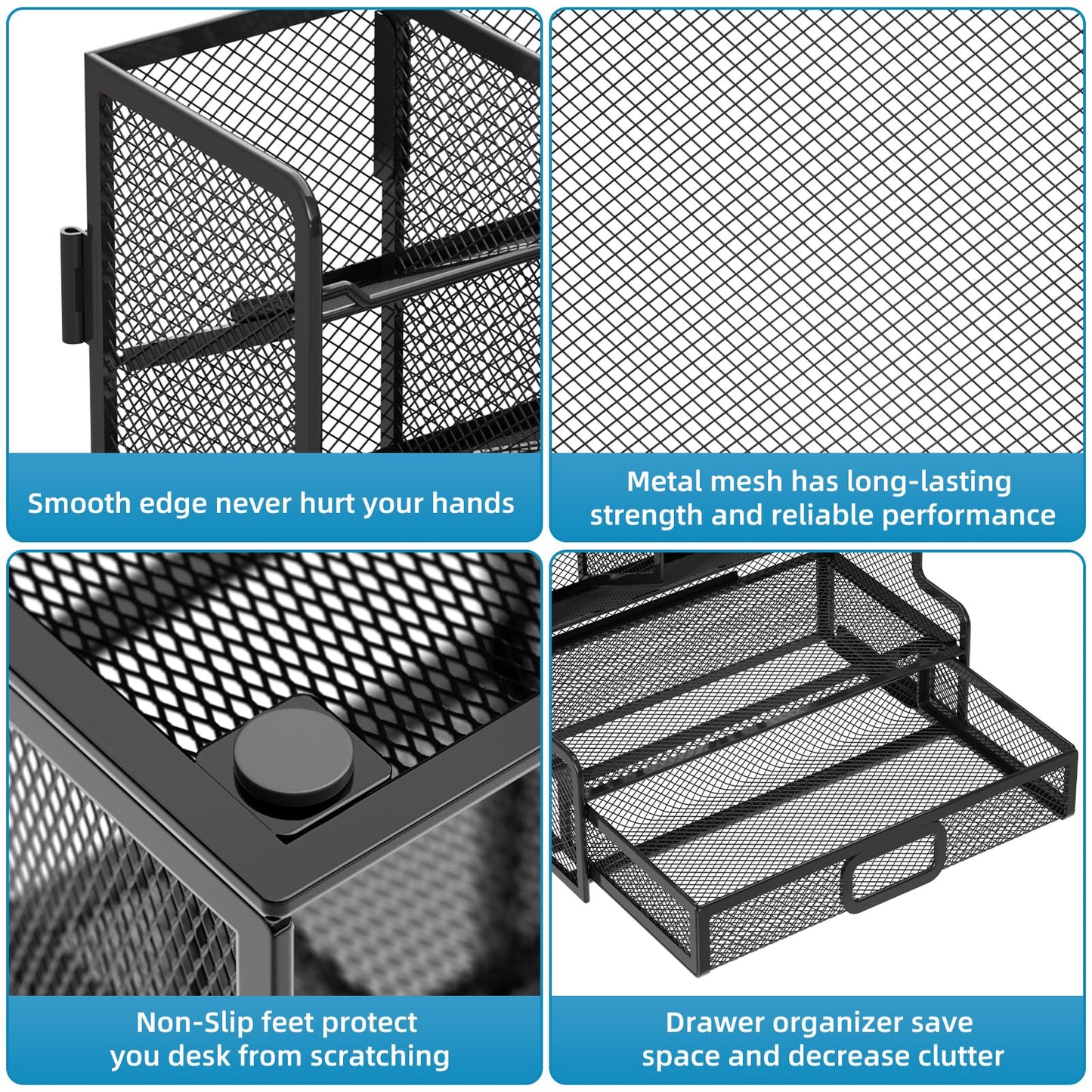 Marbrasse Larger Mesh Desk Organizer with Drawer, Multi-Functional Pen Pencil Holder, Easy Assembly, Desk Organizers and Accessories for Office Art Supplies (Black)