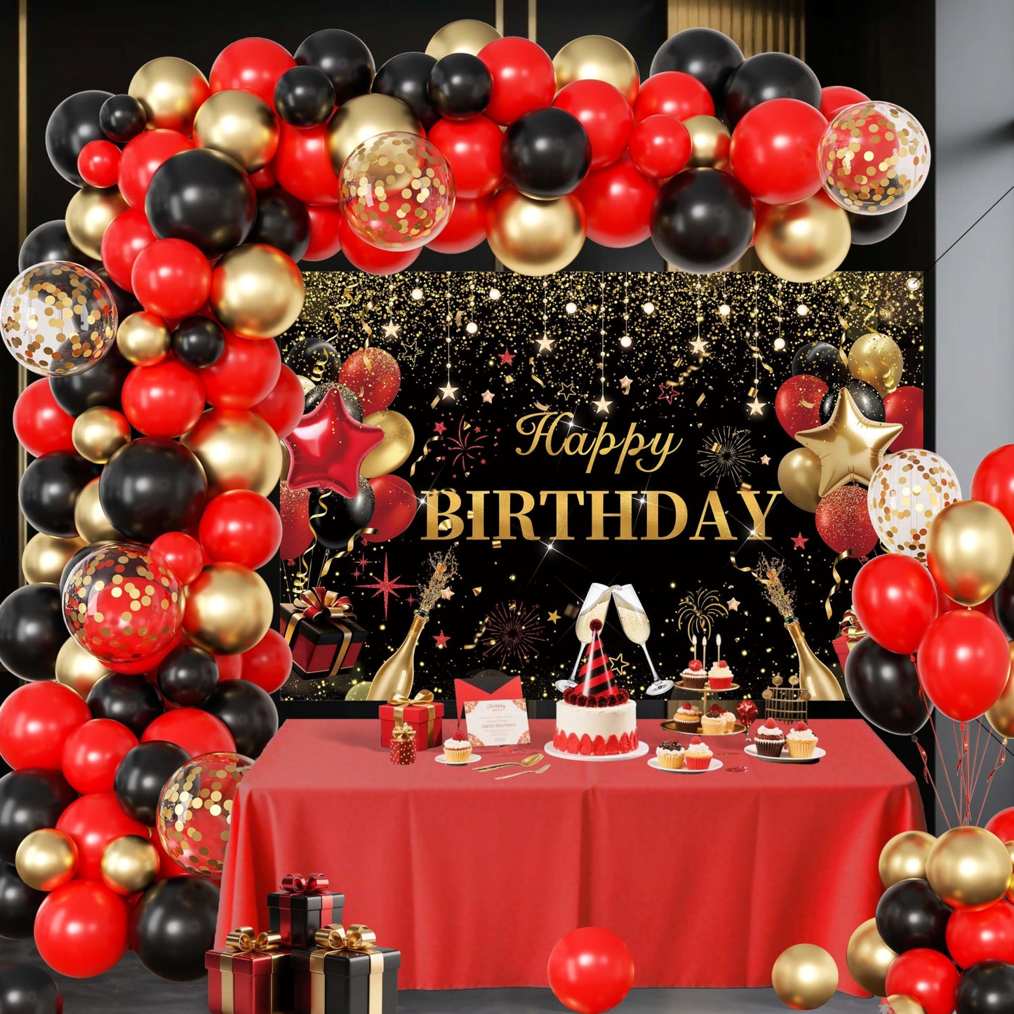 Red Birthday Party Decorations for Women,Balloon Aich kit,Black Gold Confetti Balloons,Happy Birthday Backdrop