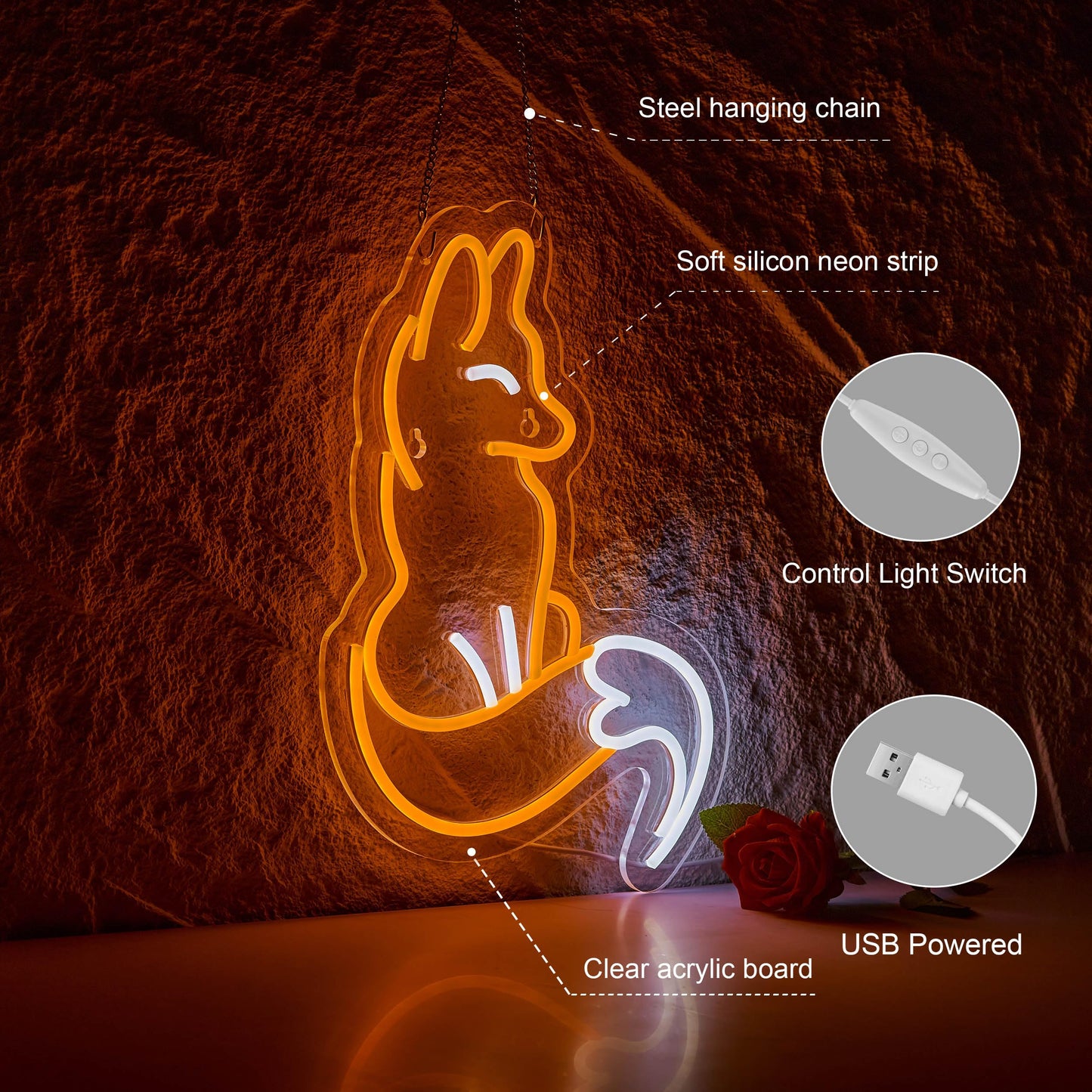Roouneon Fox Neon Sign for Wall Décor Fox Sign Dimmable LED Light Decor(Brown+White)