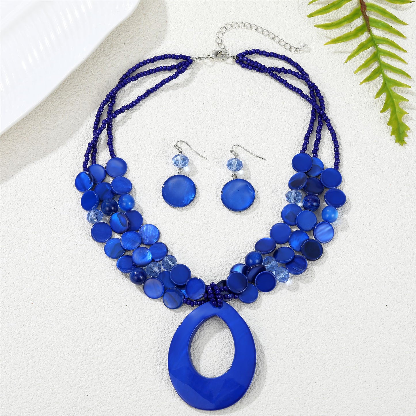 Aenu Multi-Strand Beaded Necklace with Teardrop Pendant Colorful Beads Statement Jewelry Set for Women (Blue)