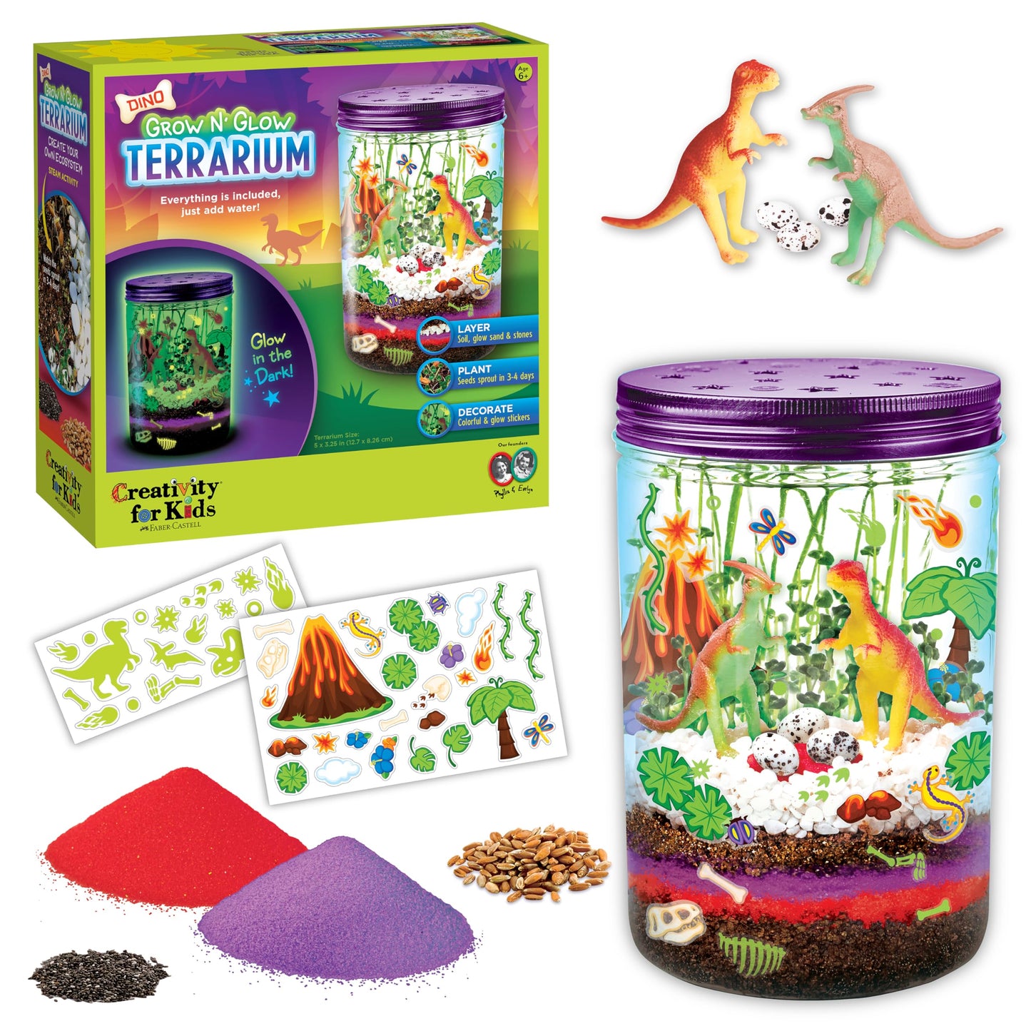 Creativity for Kids Grow N Glow Dinosaur Terrarium Kit | Create, Plant & Grow a DIY Terrarium Kit with Glow-in-the-Dark Stickers & Dino Toys | Spring Crafts & STEM Kit (Ages 6+)