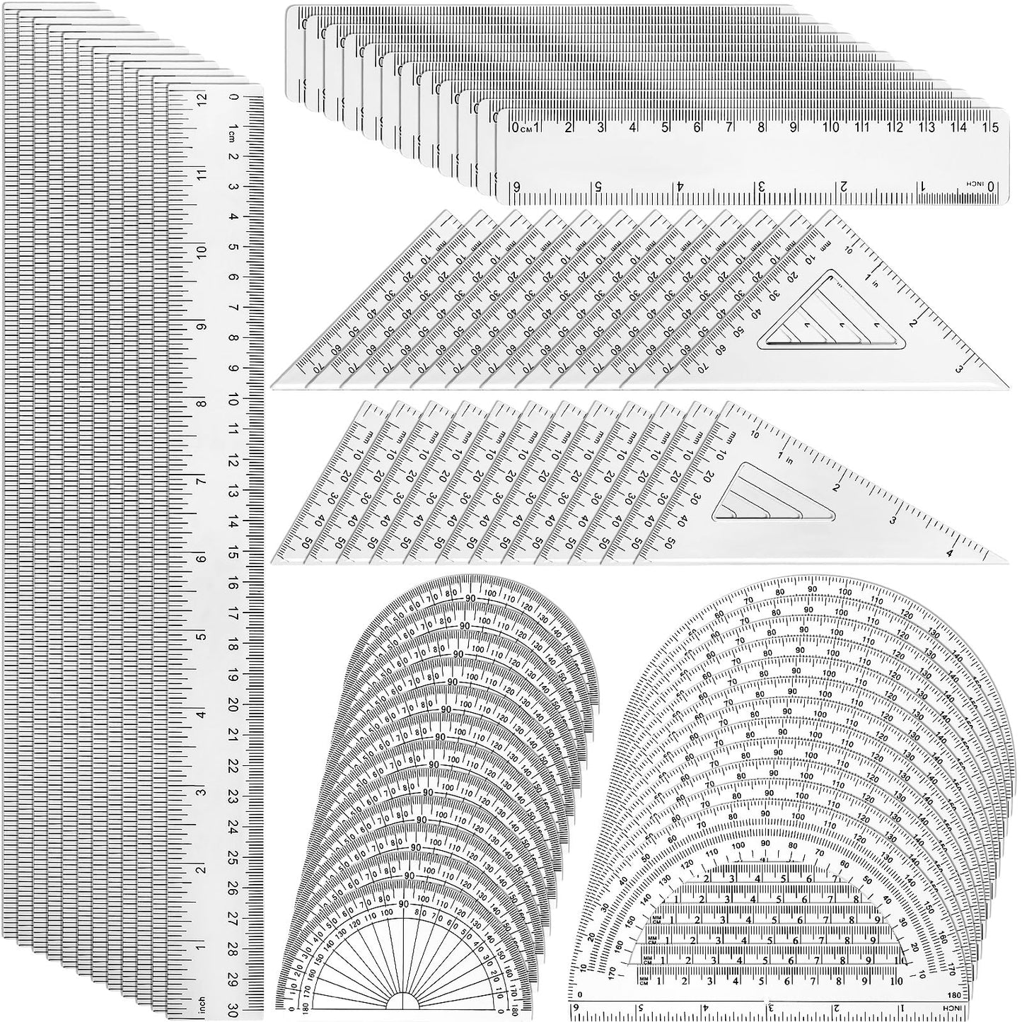 Tenare 72 Pcs Plastic Clear Math Set Includes Protractor Triangle Rulers 12 Inch 6 Inch Straight Geometry Math Transparent Ruler Measuring Tool for Office Home Supplies