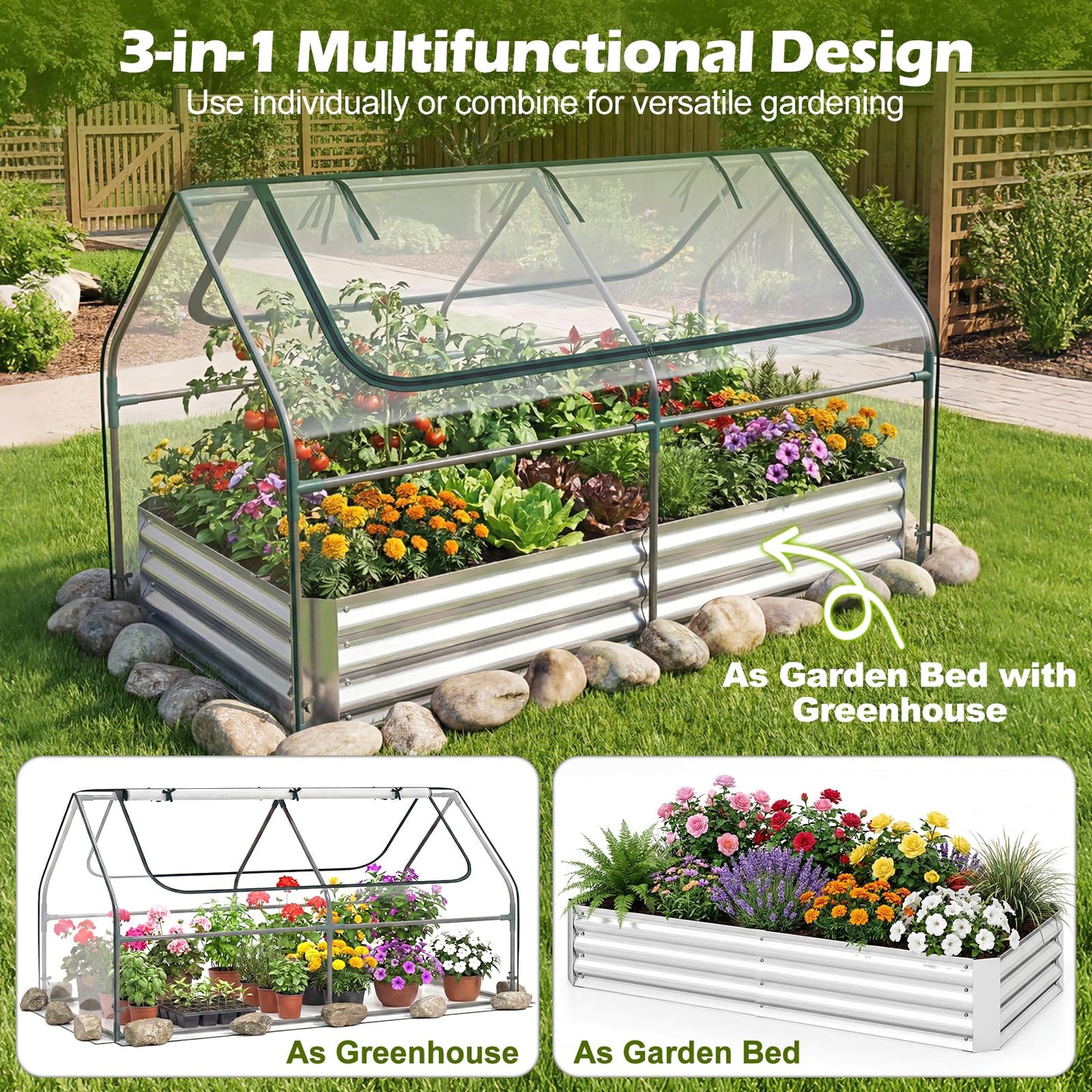 S AFSTAR Raised Garden Bed with Cover, 6FT x 3FT x 3FT Galvanized Bottomless Garden Bed with Greenhouse, Dual 2-Tier Roll-Up Windows, Easy Venting & Watering, Outdoor Metal Planter Box Kit with Cover