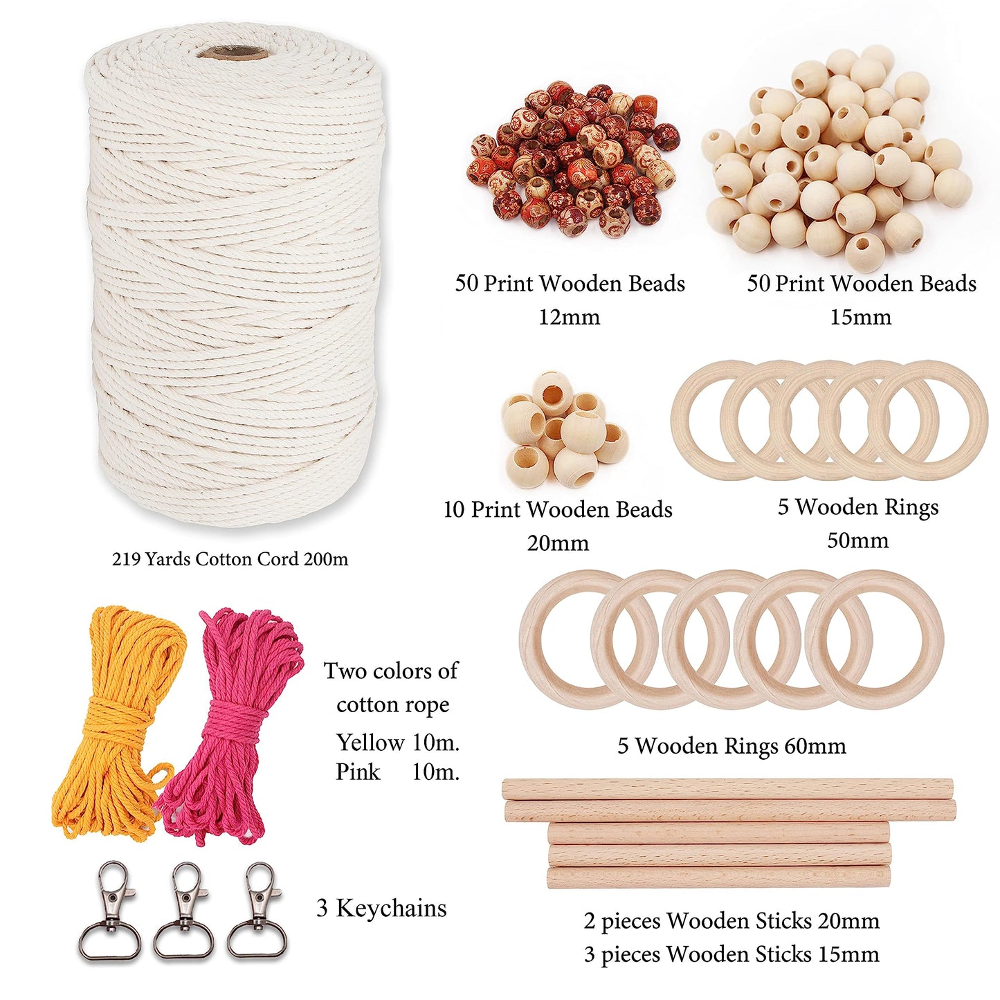 SAOMER 130 Pcs Macrame Kit for Beginners-219 Yards(657 Feet-3mm) 7 Easy Macrame DIY Projects Book-Starter Kit Has Dowel,Beads,Rings,Keychains,Bag(Gift) - Perfect Macrame Starter Kits