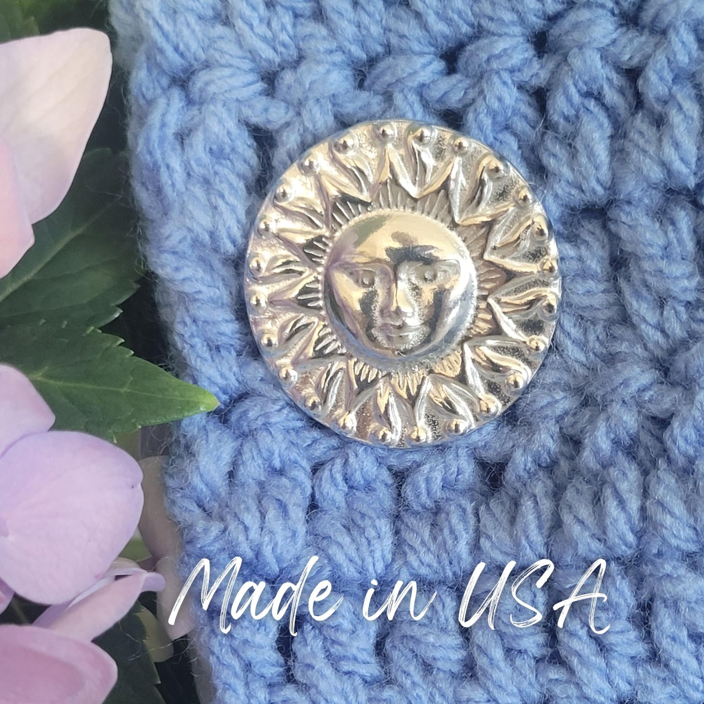 Pewter Celestial Sun Pin - Magnetic back No Holes in Clothes - Gift Packaged - Handcrafted in USA (Shipped by Amazon Prime)