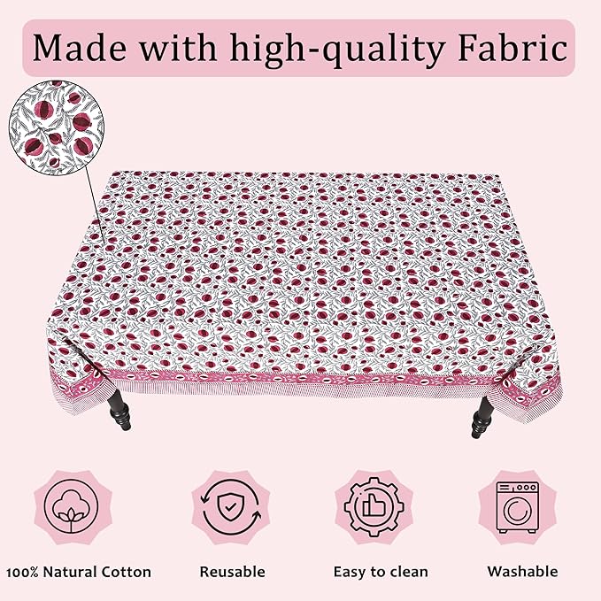 Ridhi Hand Block Print Sangria Red Rectangle Cotton Tablecloth 190" x 72" Reusable Table Cover Decorative Everyday Use for Dining, Farmhouse, Home Gift for Spring, Easter, Valentine