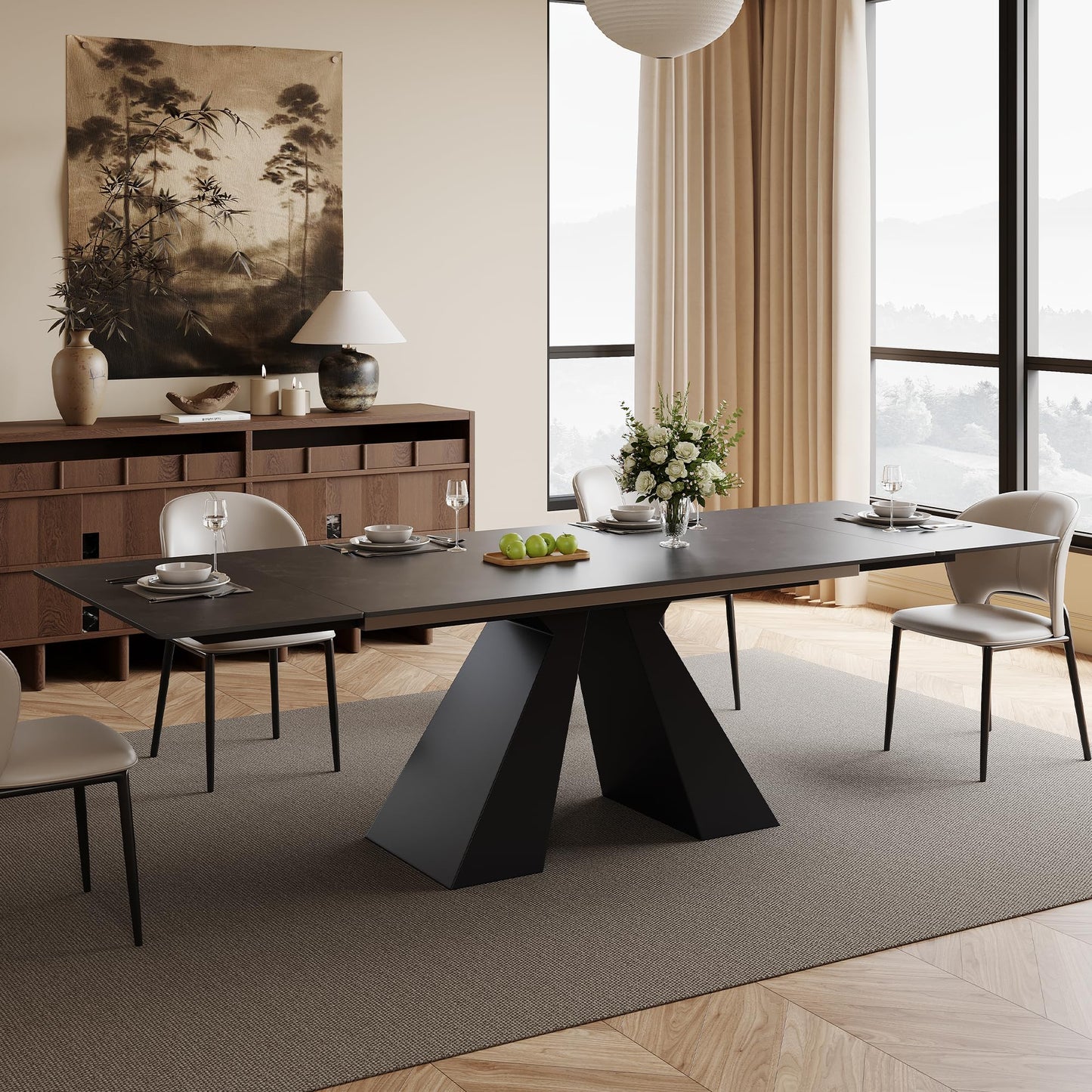 VAFON 63"-95" Extendable Dining Table for 4-10 Person, Space-Saving Extra Long Folding Dining Room Table, Dark Gray Kitchen Table with Sintered Stone Tabletop, No Wobble Base