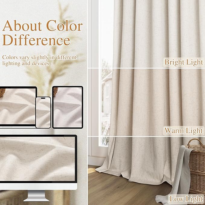 Guken 100% Blackout Linen Curtains 96 Inch Length 2 Panels Set for Living Room Bedroom Back Tab Thermal Insulated Black Out Drapes Room Darkening Farmhouse Style for Bedroom Window Curtains 52x96