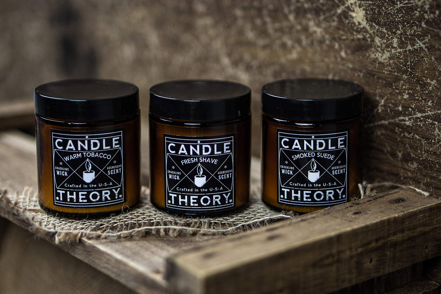 Candle Theory Man Cave Stuff Men 4oz Candles Set of 3, Crackling Woodwick Masculine Scent, Warm Tobacco Cigar, Smoked Suede, Fresh Shave