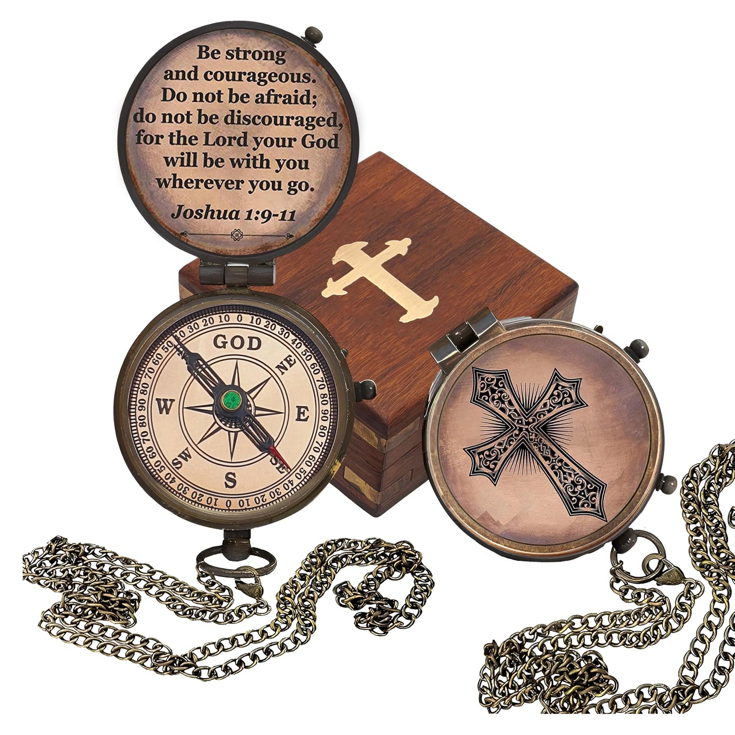 Baptism Gift Personalized Keepsake Compass Engraved Cross and Be Strong and Courageous, Confirmation Gift Ideas, Gift of Faith. Missionary (Antique with Wooden Box)