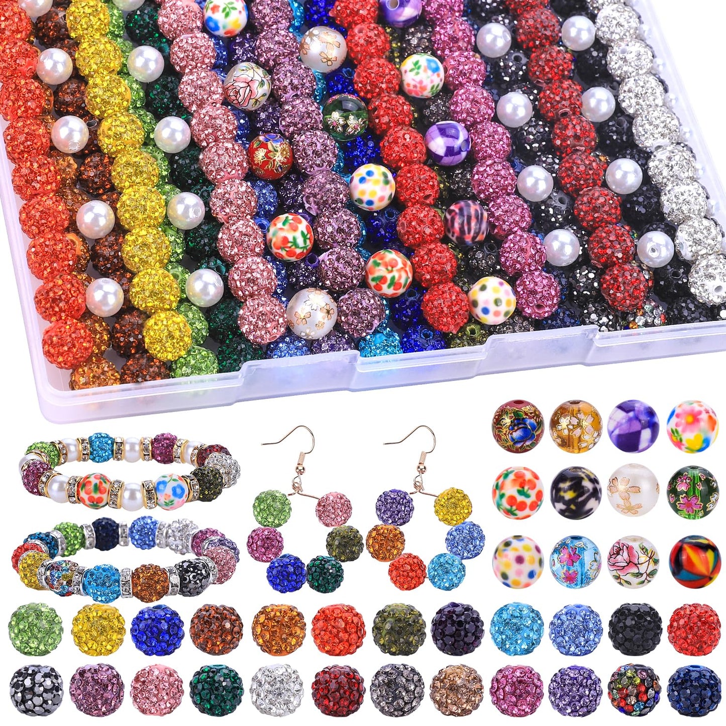 AIPRIDY Jewelry Making Beads Set, 590 PCS 10mm Round Mixed Color Rhinestone Clay Beads with Pearl and Floral Beads for DIY Bracelets, Necklaces(Fixed Mixed)