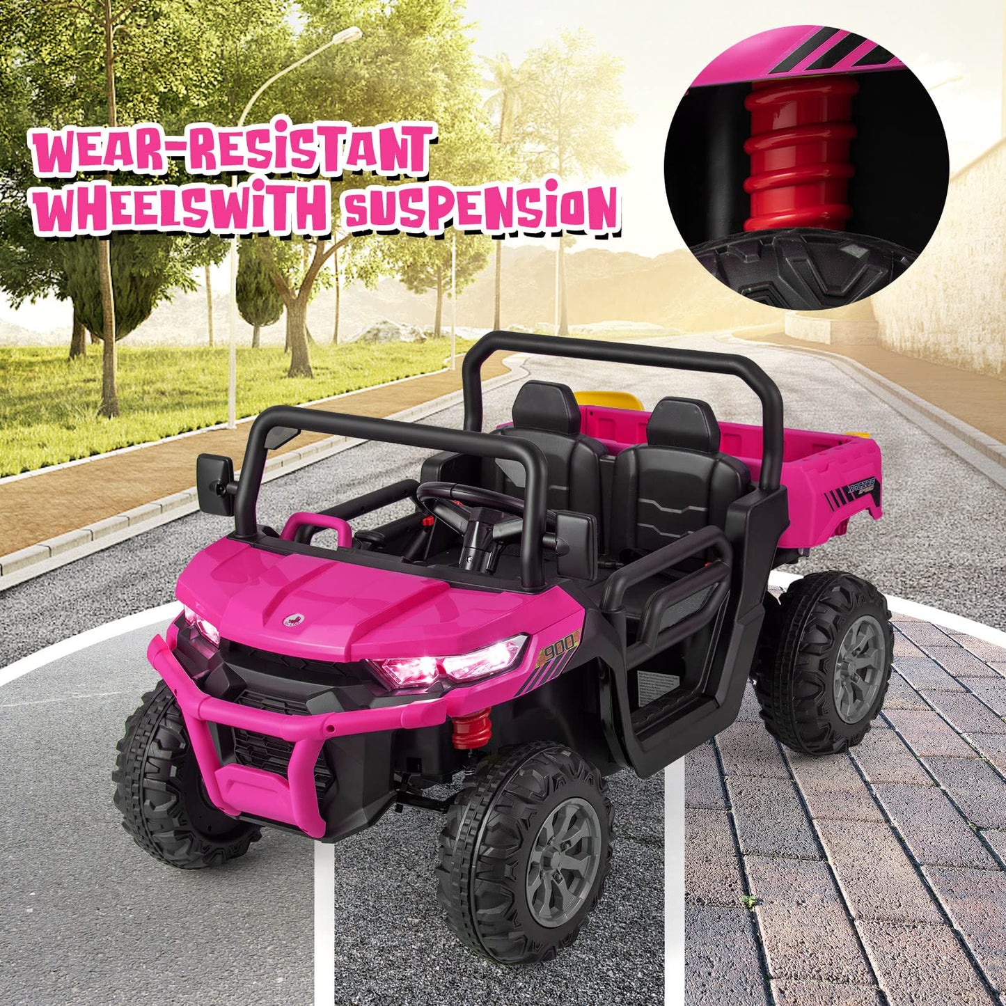 OLAKIDS 2 Seater Ride On Car, 12V Off-Road UTV Electric Vehicle with Remote Control, Dump Bed, Extra Shovel, Music, USB, AUX, Rocking Function, Kids Toddlers Battery Powered Truck (Rose)