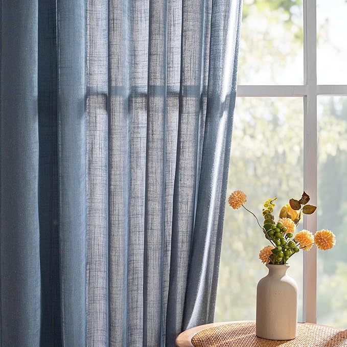 MYSKY HOME Living Room Curtains 90 Inches Long Farmhouse Light Filtering Privacy Curtain Drapes for Patio Door, Linen Look Texture Fabric Bohemian Draperies Soft Touch, 50x90, Dusty Blue, 2 Pieces