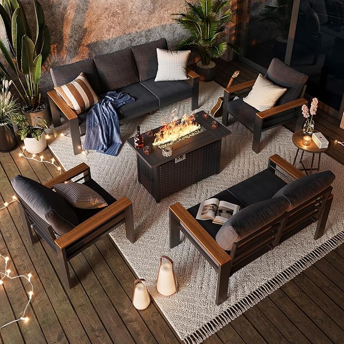 Aoxun Aluminum Outdoor Patio Furniture Set, 8-piece Outdoor Sectional with 44'' Propane Gas Firepit Table, Patio Conversation Sets with Upgraded Armrests and Cushions for Backyard, Garden and Poolside