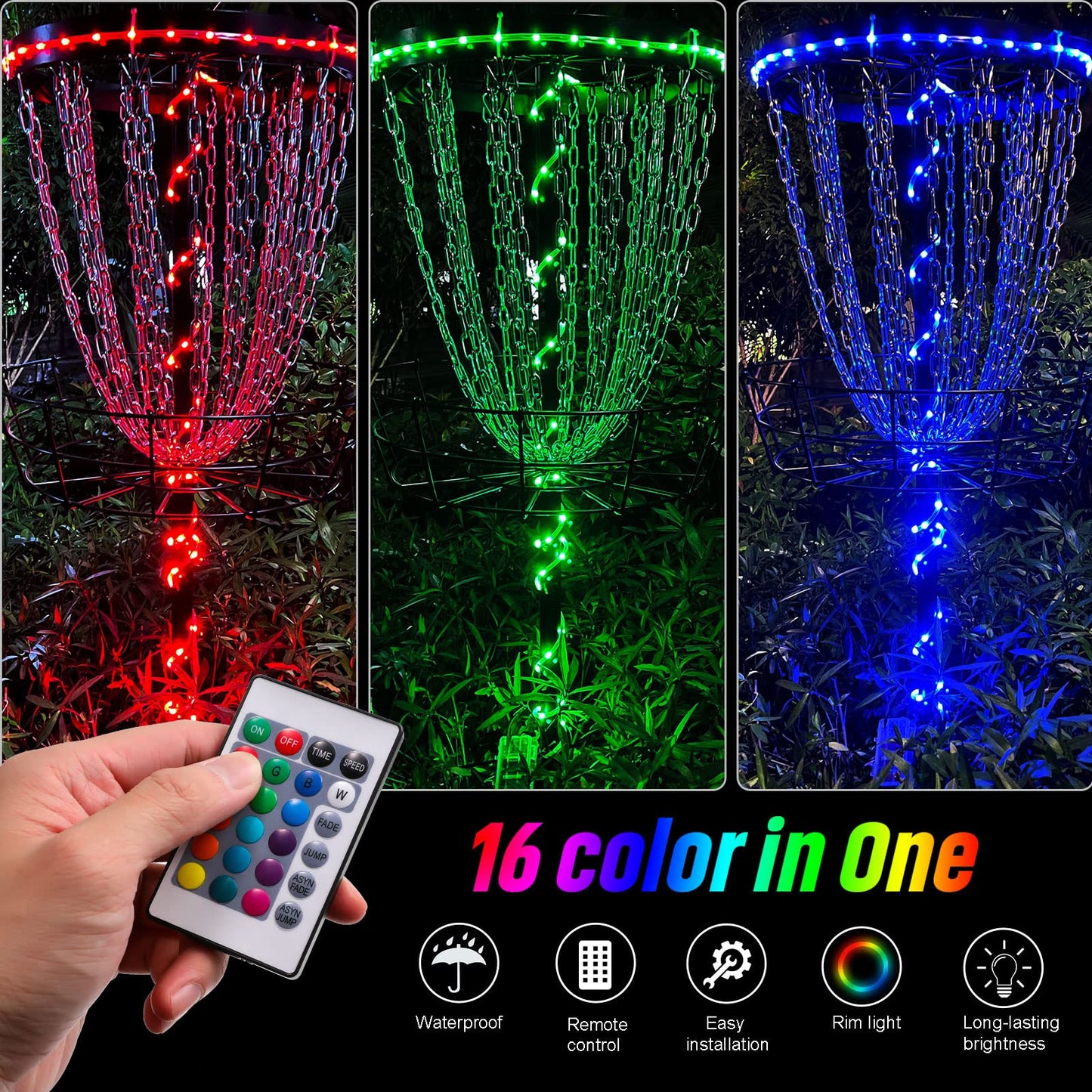 Waybelive LED Disc Golf Lights, Remote Control Disc Golf Rim Light for Disc Golf Basket, C Battery Box, 16 Color Change by Yourself, Waterproof, Super Bright to Play at Night