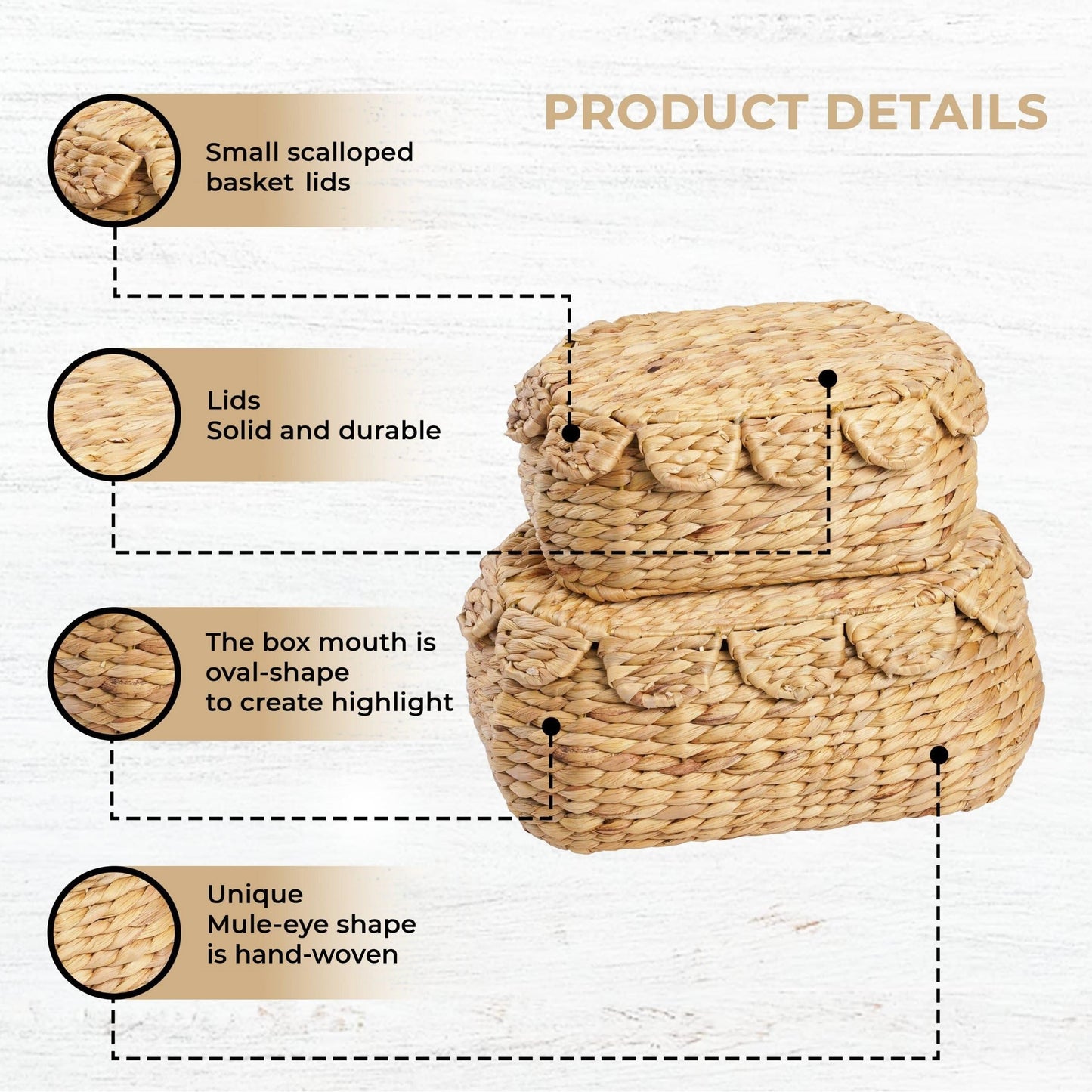 LUSYDECO Set of 2 Wicker Storage Baskets with Lid, Rattan Basket Decorative Boxes, Woven Storage Box Hyacinth Basket with Lids, Small Scalloped Edge Wicker Baskets with Lids