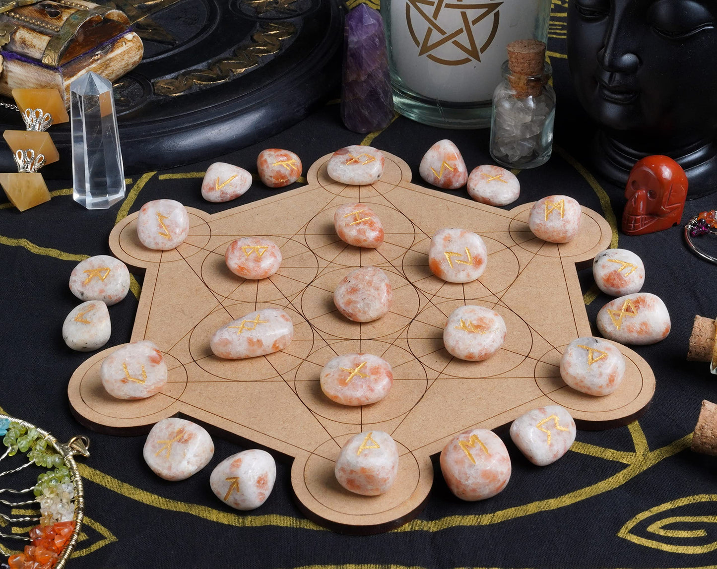 "Crocon Sunstone Rune Stones Set Engraved with Elder futhark Crystal Runes Set, Reiki Healing runas for Meditation Chakra Balancing, Rune Stone for Beginners with Crystal Guide & Pouch |15-20 mm"