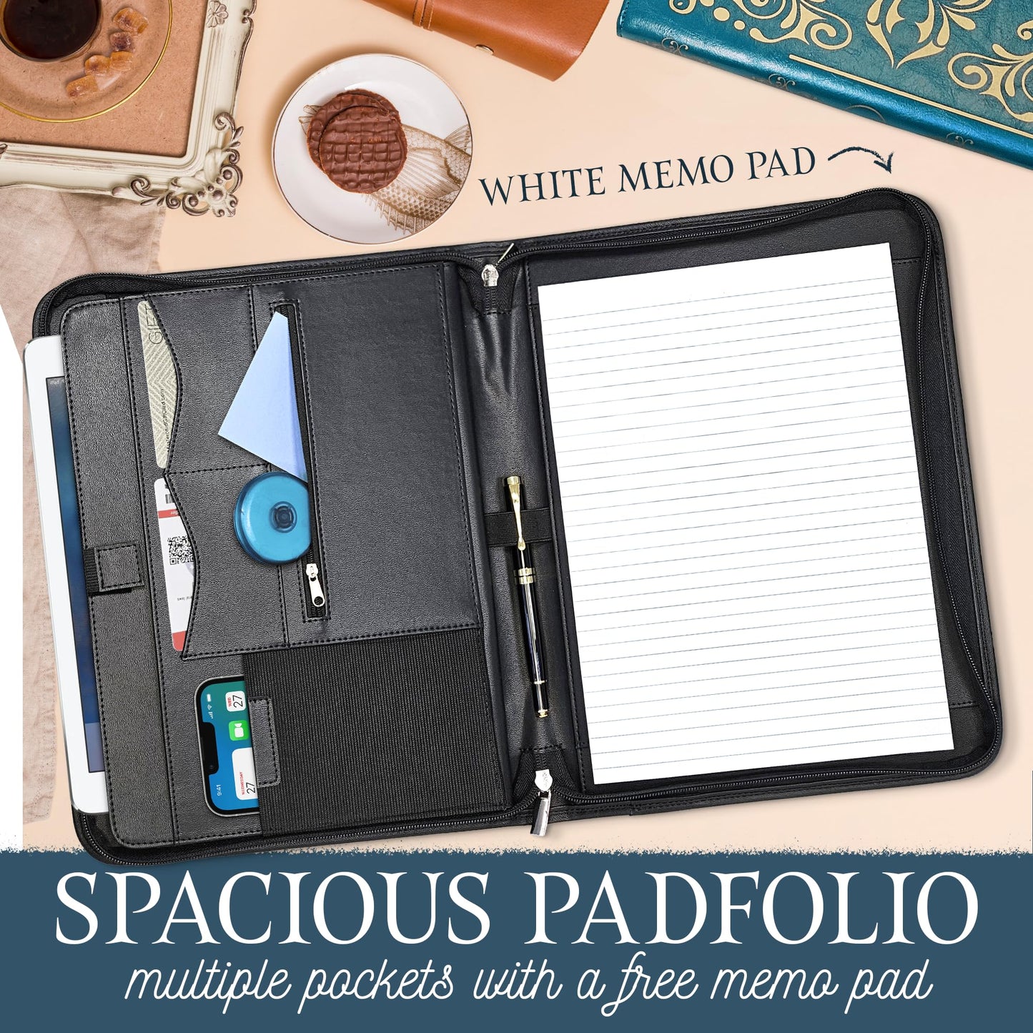 Professional Padfolio for Organized Productivity, Zippered Portfolio, Business Card & Interview Portfolio, Tablet, Laptop, Phone & Folder Holder, Included Pen & Notepad, Antique Teal Binder.