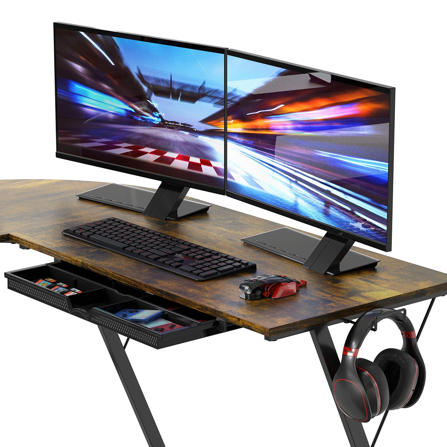 SHW 51 x 51 Inches Vista L-Shaped Desk with Monitor Stand and Drawer, Rustic Brown