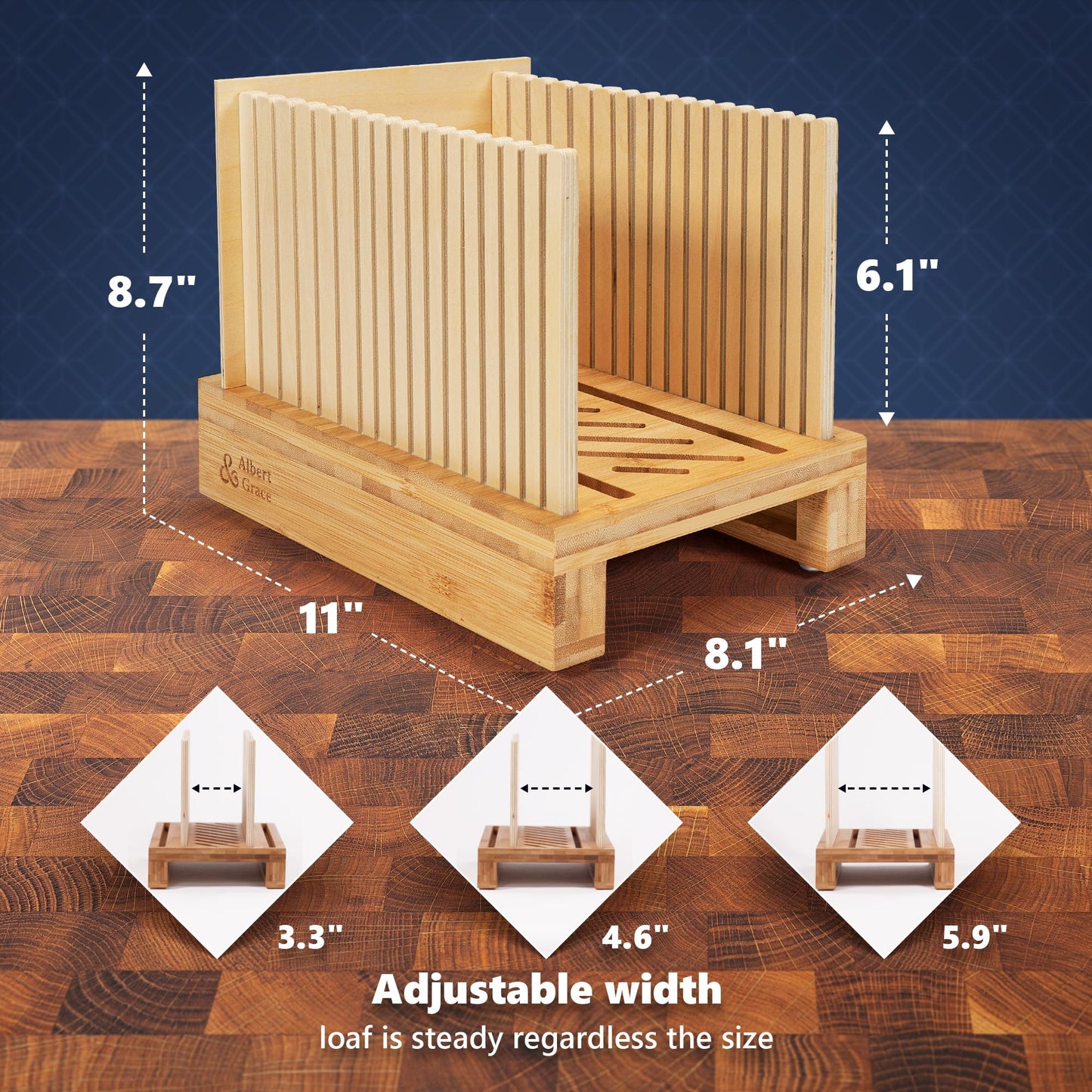 Albert & Grace Adjustable Bread Slicer – Premium Cross-Laminated Bamboo, High 6.1” Guides, 3 Width Settings, 2 Slice Thicknesses – Folds Flat – Perfect for Sourdough, Homemade Loaves & Bagels