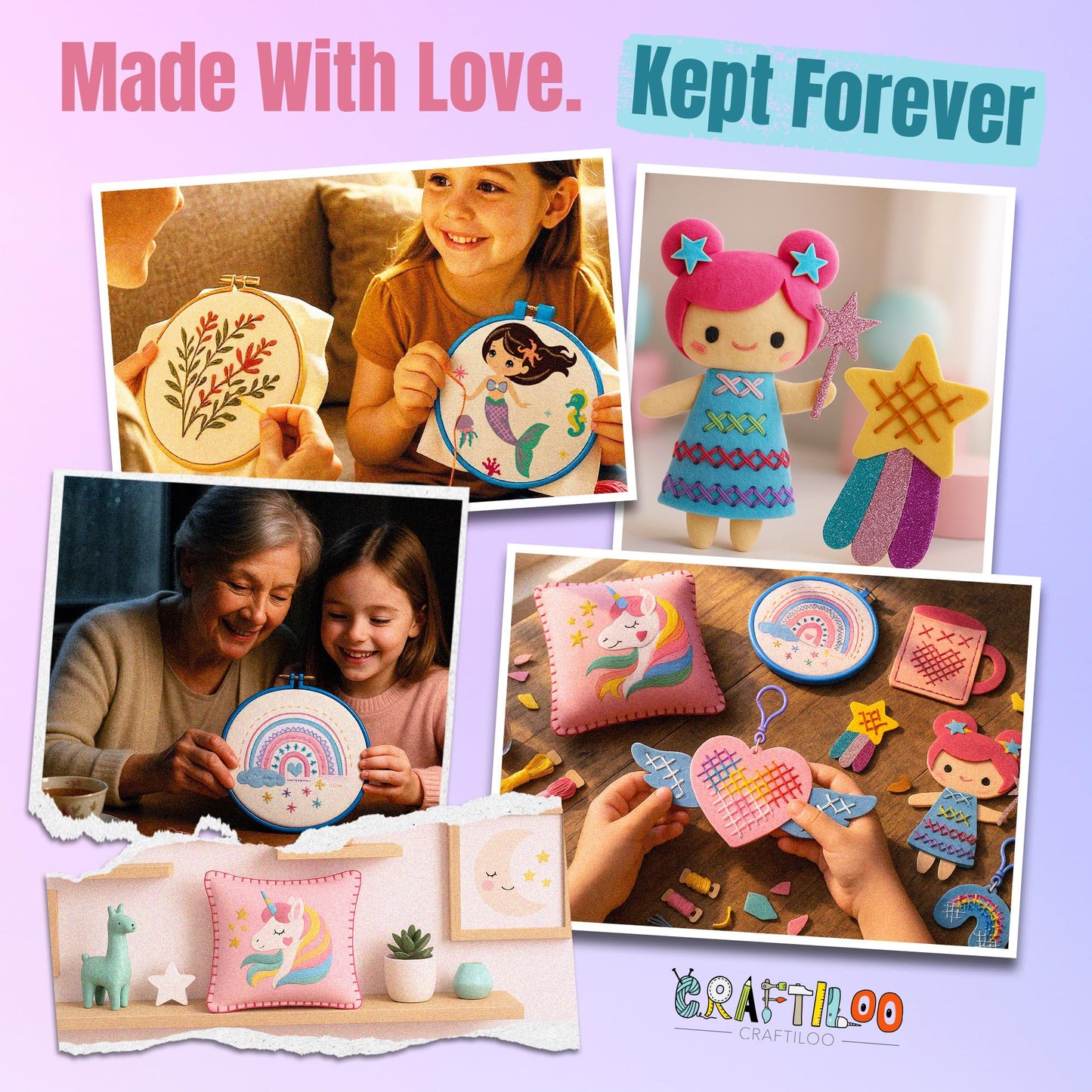 CRAFTILOO 2 in1 Cross Stitch & Embroidery Kit for Kids Ages 6+ Make 8 Projects Backpack Charms, Keyring, Doll, Wall Art, Unicorn Pillow & Card Holder Beginner Needlepoint & Creative Gift Set