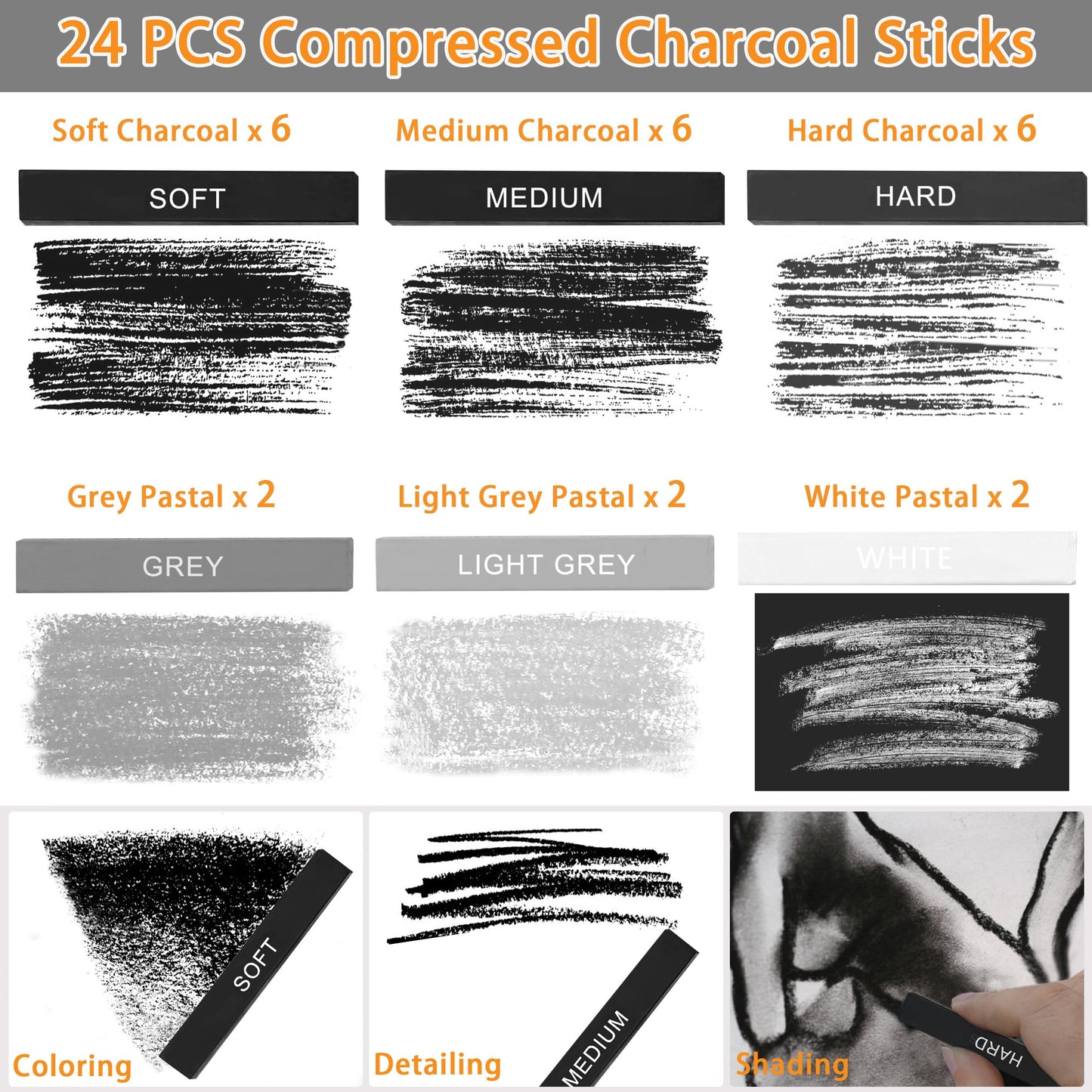 Dlicoda 24 Pcs Compressed Charcoal Sticks with Soft, Medium, Hard and White Charcoal, Square Vine Charcoal Stick Kit for Drawing, Sketching and Shading, Art Supplies for Artists Beginners