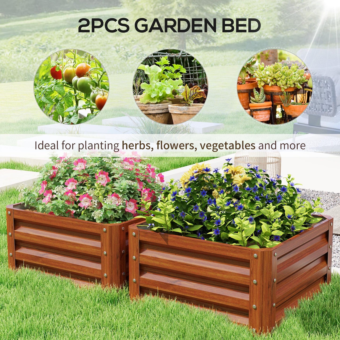 ZAVEROX 2-piece Brown Galvanized Metal Raised Garden Bed 23.5 x 23.5 x 12 inches Open-Bottom Planter Box Rust-Resistant Sturdy Outdoor use