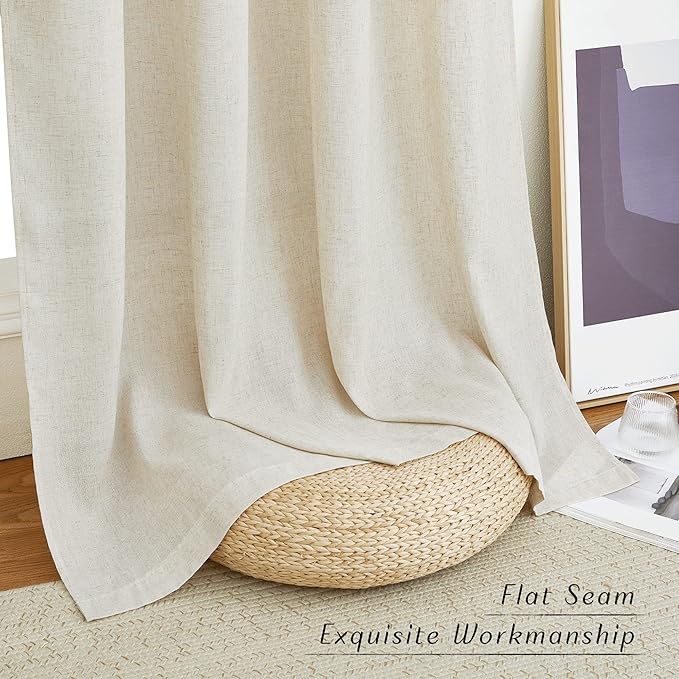 NICETOWN Semi Sheer Boho Linen Curtains for Living Room, Grommet Privacy Added Thick Textured Burlap with Light Filter Sheer Curtains & Drapes for Bedroom, Natural, W55 x L120, 2 Panels