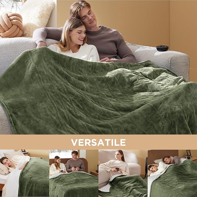 Bedsure Electric Blanket Queen Size - Dual Control Heated Blanket Queen, Fast Heating with 10 Time Settings & 10 Heat Settings, Warm Gift for Grandma (84x90 inches, Olive Green)