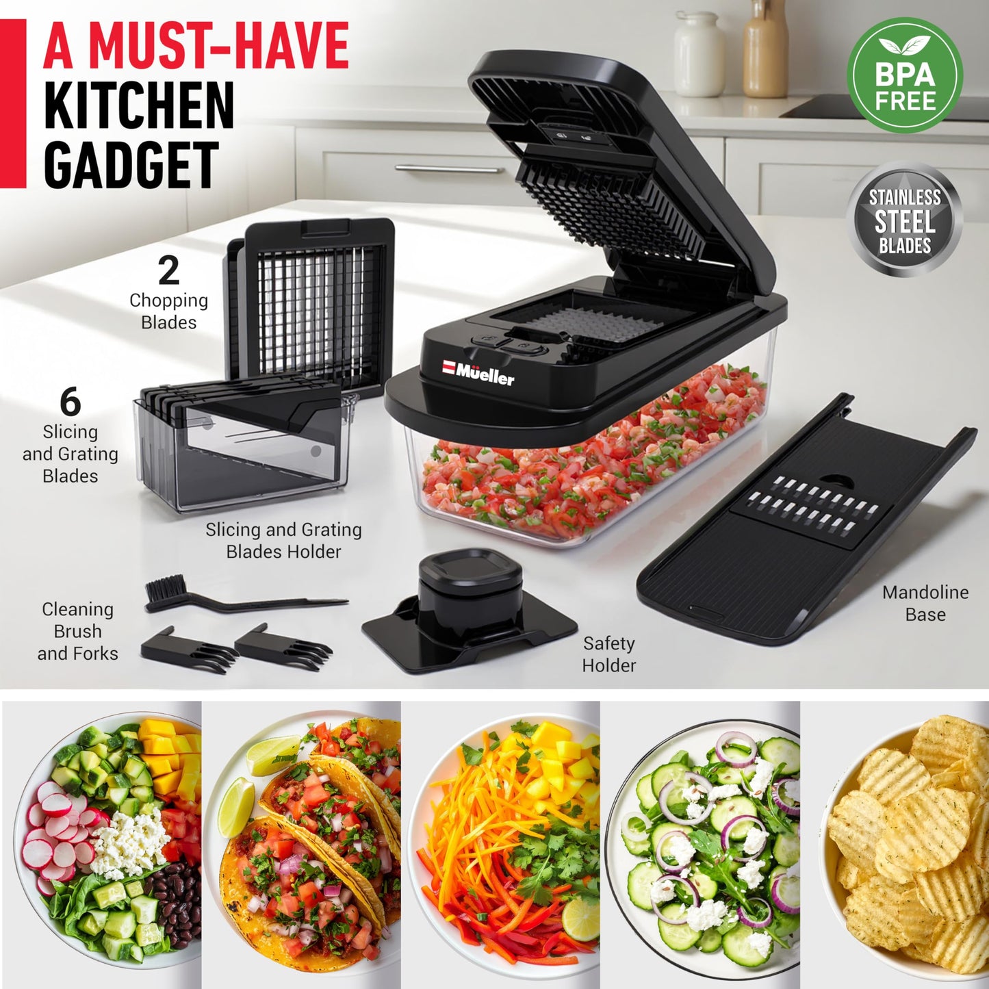 Mueller Pro-Series 10-in-1, 8 Blade Vegetable Chopper, Mandoline Slicer, Onion Mincer, Cutter, Dicer, Veggie Chopper with Container, Kitchen Essentials & Gadgets, House Warming Gifts New Home, Black